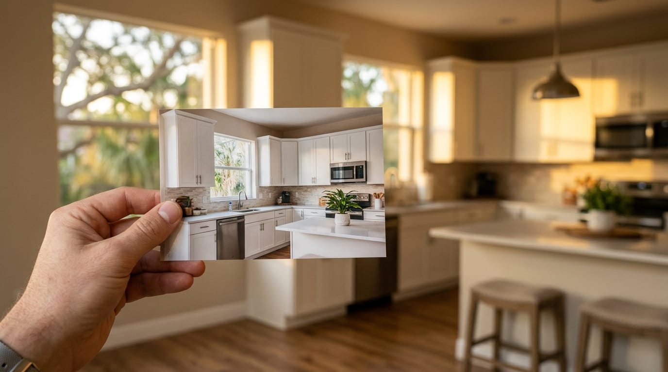 Comparing a printed photo of a renovated kitchen against the room itself
