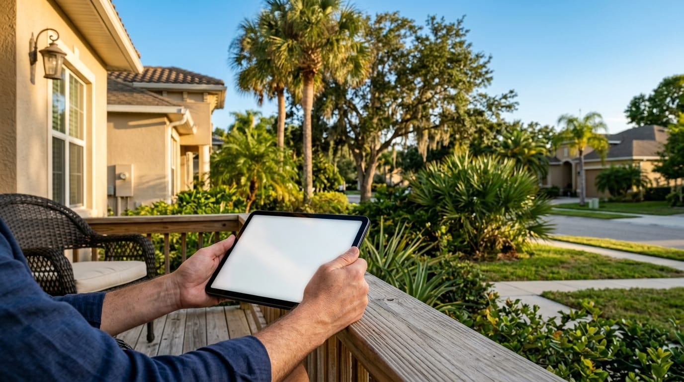 Hand holding a tablet on a Florida porch overlooking a palm-lined street at golden hour
