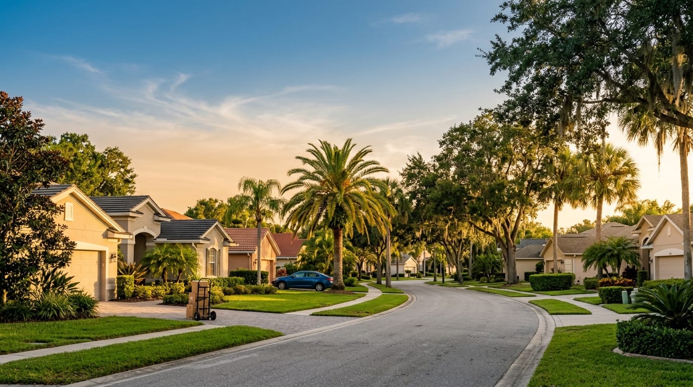 Quiet Florida residential street lined with palms and single-story homes at dusk