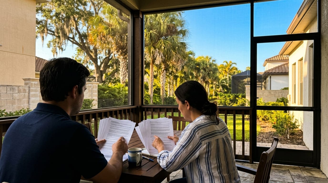 Two people at an outdoor Florida table each reviewing an identical stack of papers