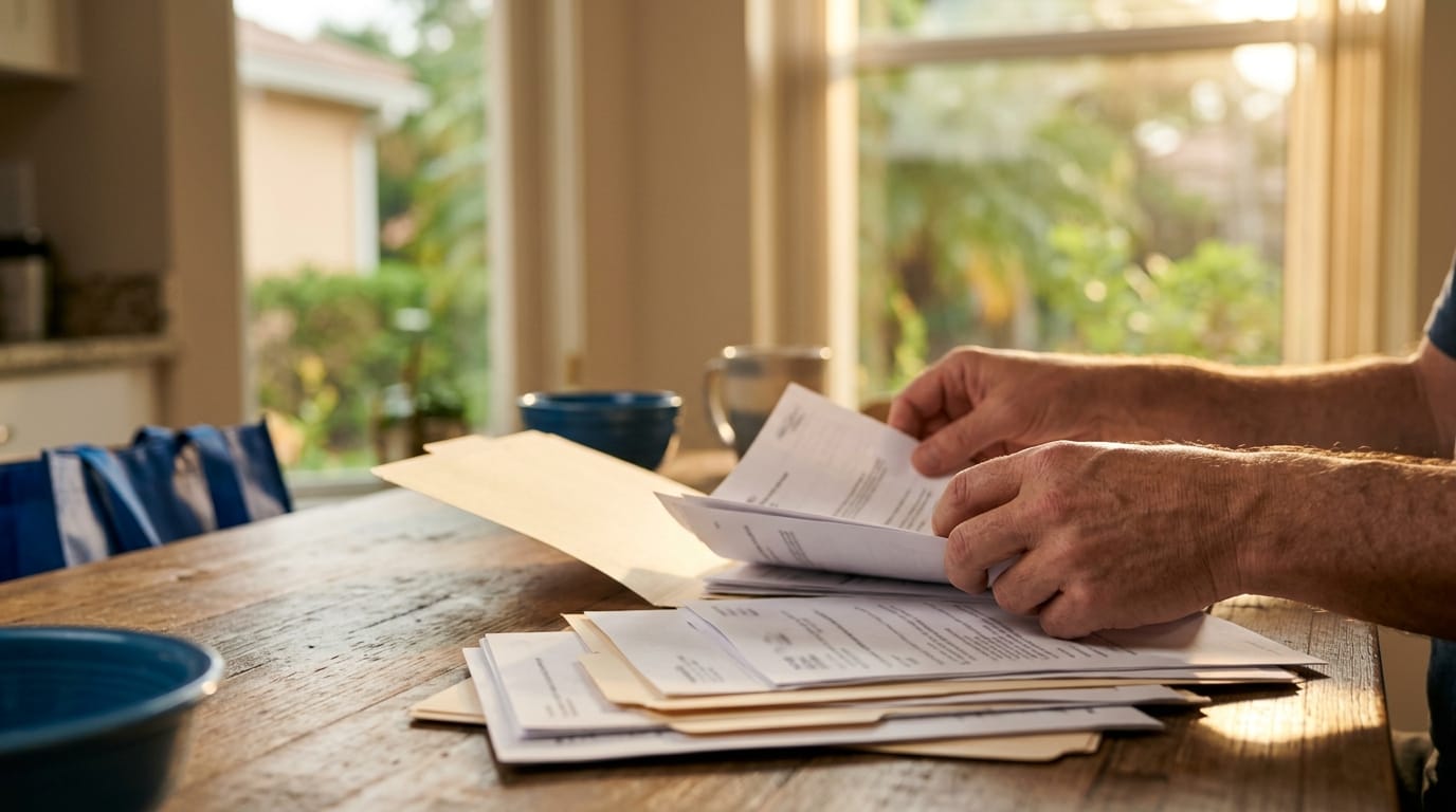 Close-up of hands sorting through paperwork and envelopes on a wooden kitchen table in morning light