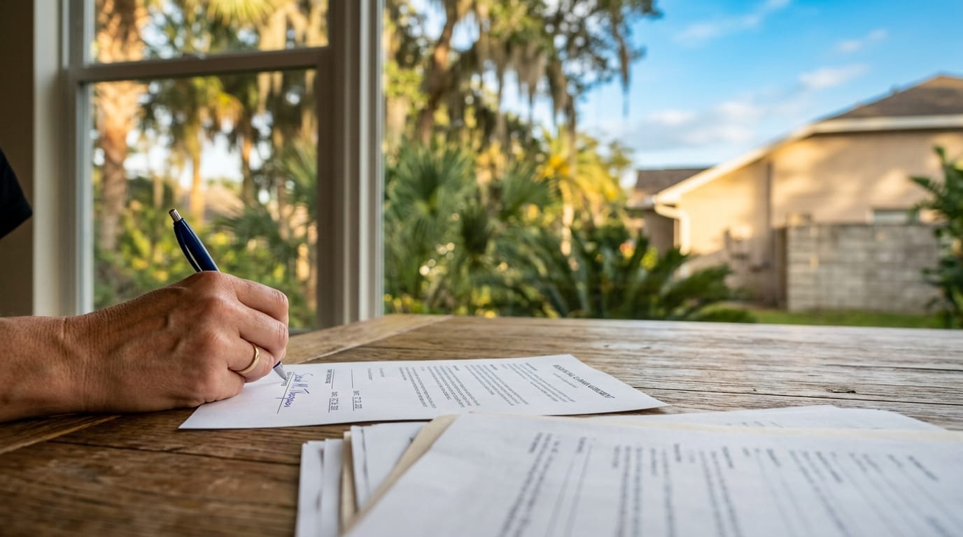 Hand signing a closing document at a wooden table with a Florida backyard visible through the window