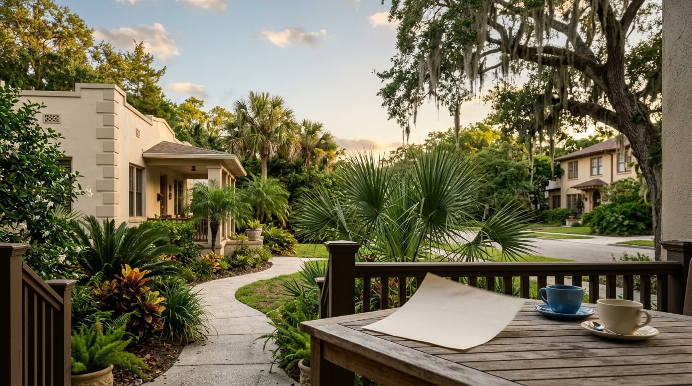 A single blank sheet of paper on an outdoor table overlooking a Florida neighborhood street at dusk