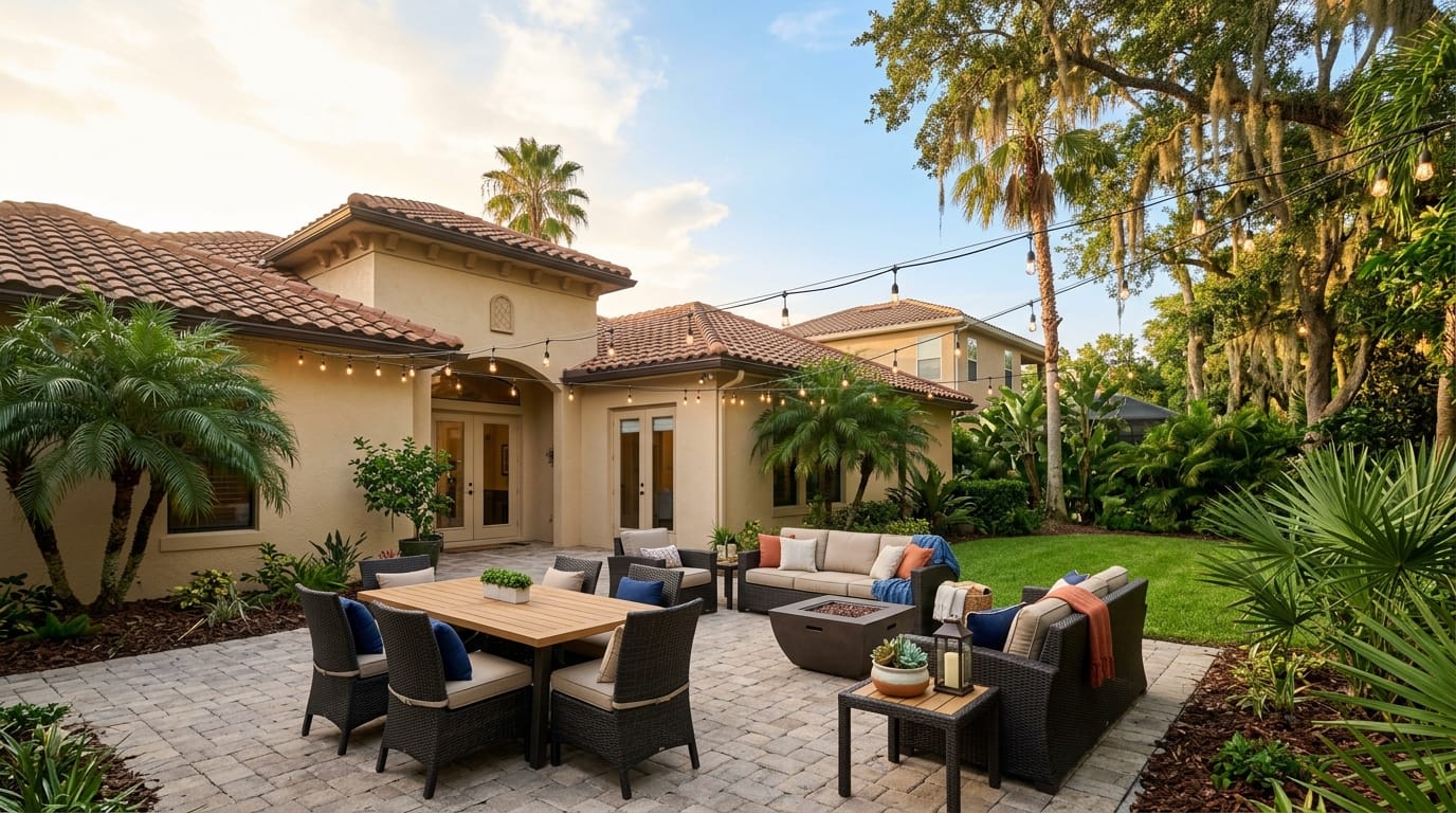 Staged Florida backyard patio with string lights and outdoor furniture ready for an evening showing