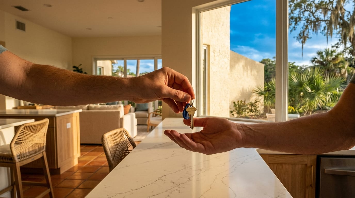 Two hands exchanging a house key over a kitchen counter in a Florida home at golden hour