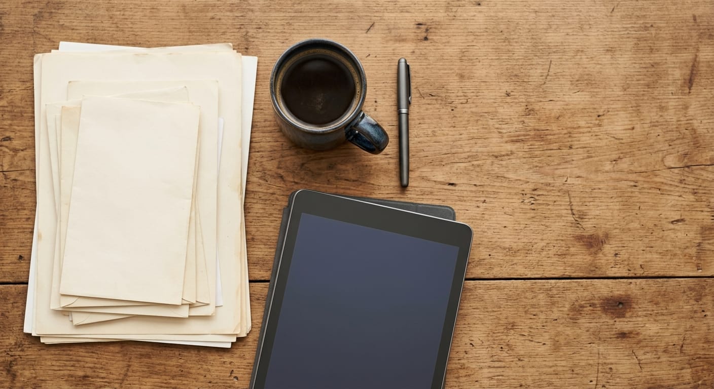 Flat-lay of paperwork, a mug, and a tablet on a wood desk while preparing to sell a home