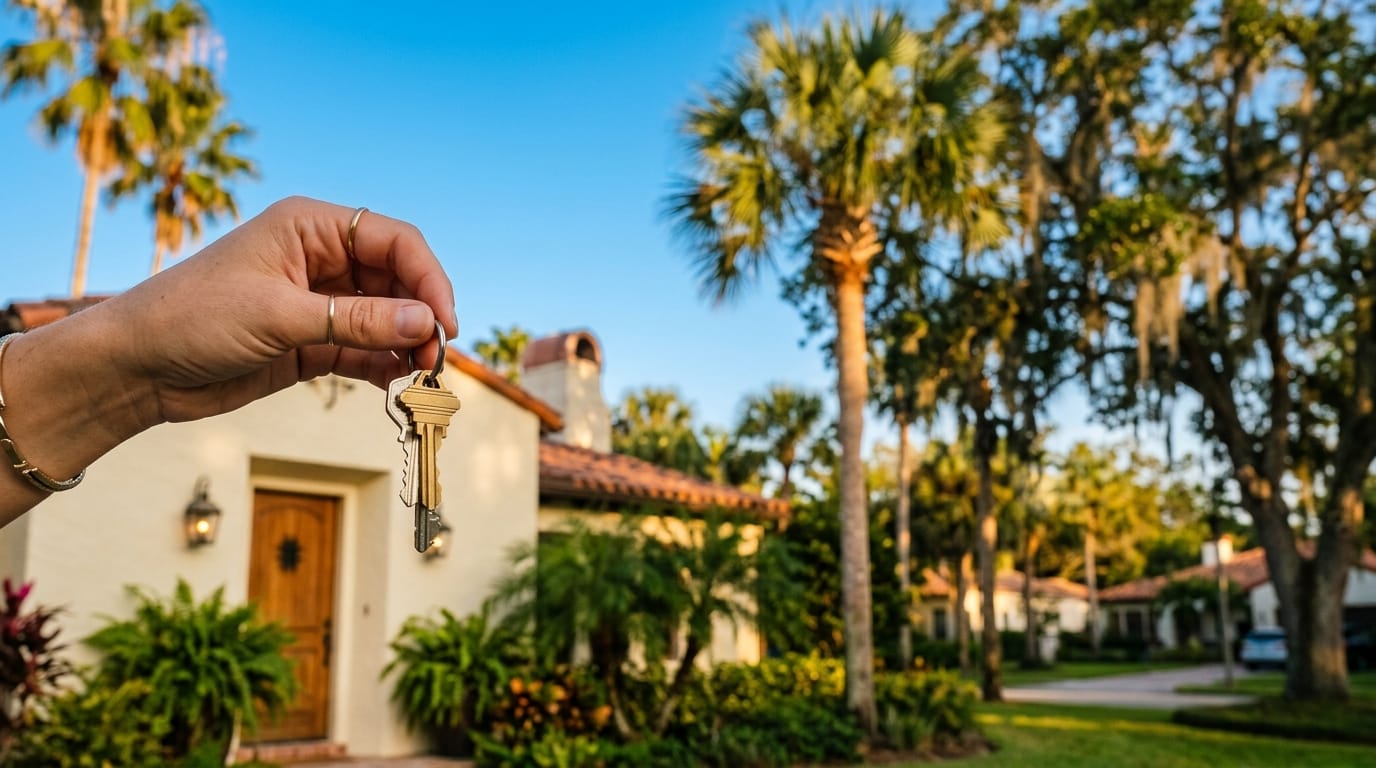 Hand holding house keys in front of a Florida stucco home with palm trees at golden hour