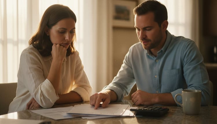 Couple at a kitchen table reviewing the cost of a home sale