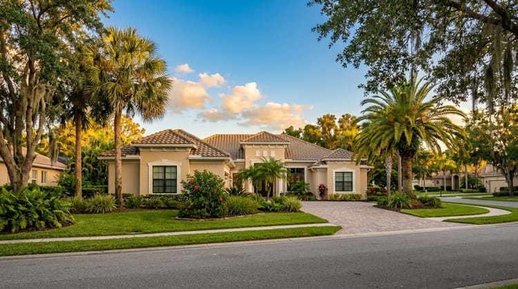 Single-story Florida stucco home with palm trees and manicured lawn at golden hour