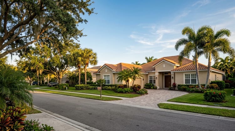 Single-story Florida stucco home with barrel-tile roof and palm trees at golden hour, representing home equity