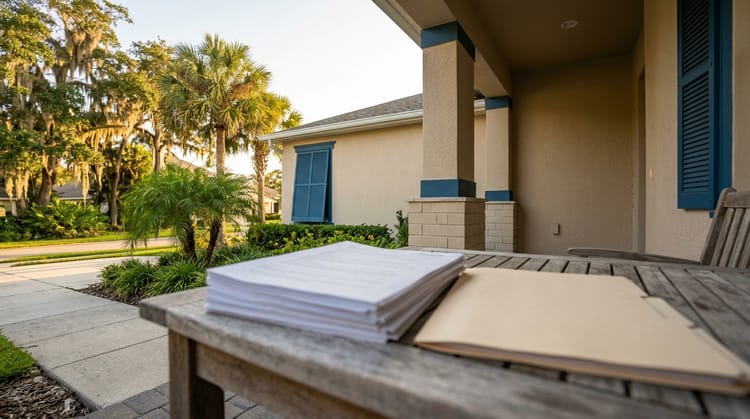 Stack of printed real estate documents and a closed folder on a Florida home's front porch table at golden hour