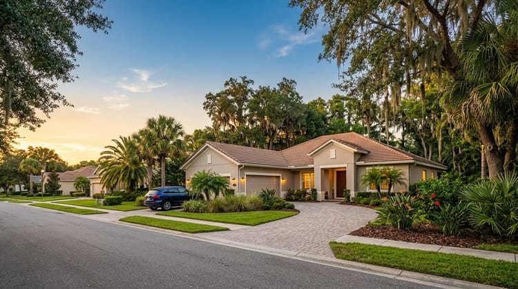 Single-story Florida stucco home with palms and driveway at dusk