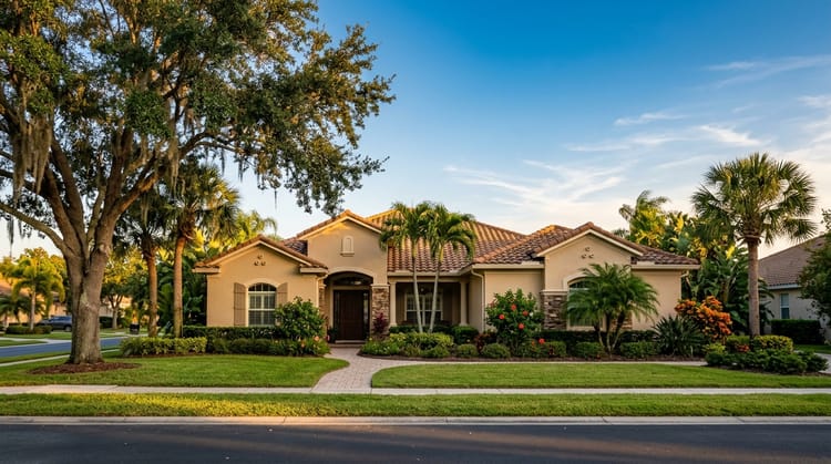 Single-story Florida stucco home with tile roof and palm trees at golden hour, ready to sell