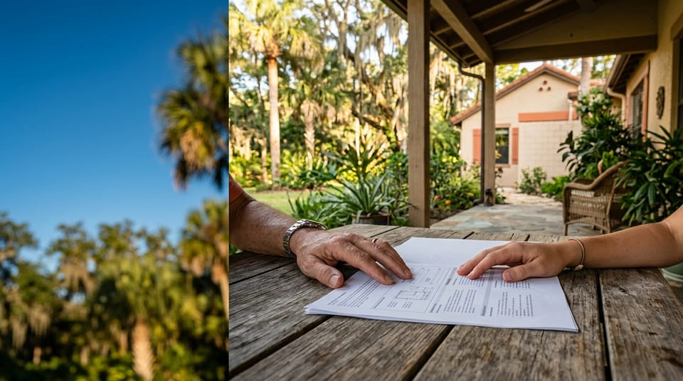 Two people's hands resting on a shared printed document on an outdoor Florida table, home and palms in the background