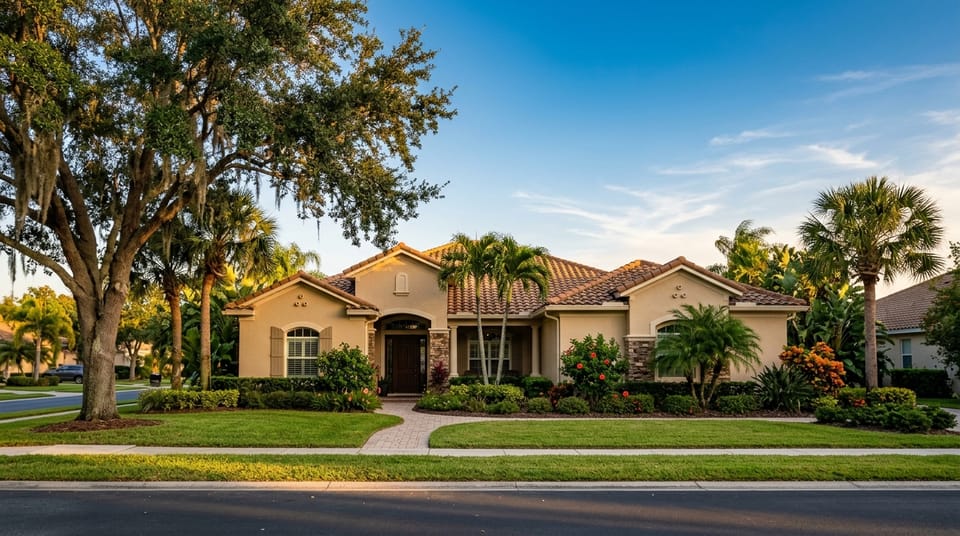 Single-story Florida stucco home with tile roof and palm trees at golden hour, ready to sell